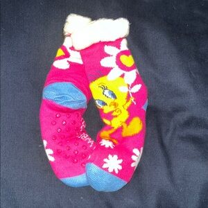 Tweety Bird Pink Fuzzy Grip Socks